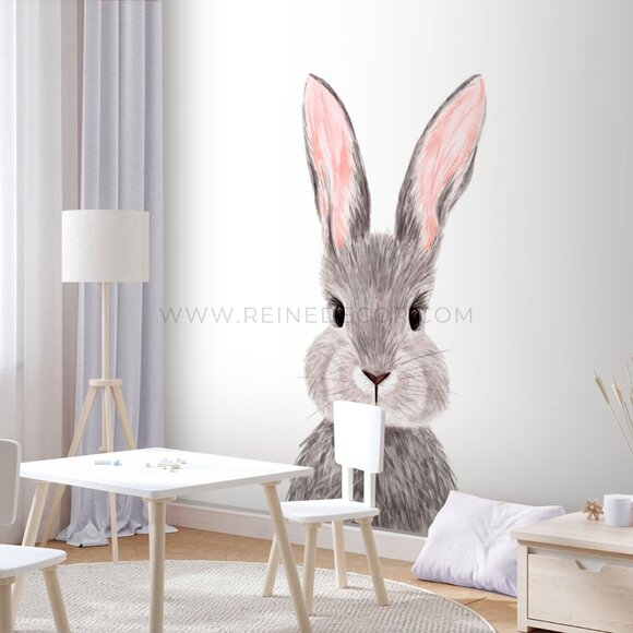 Grey Bunny Rabbit Kids Room Wallpaper | Adorable Animal Wallpaper - Picture 1 of 9